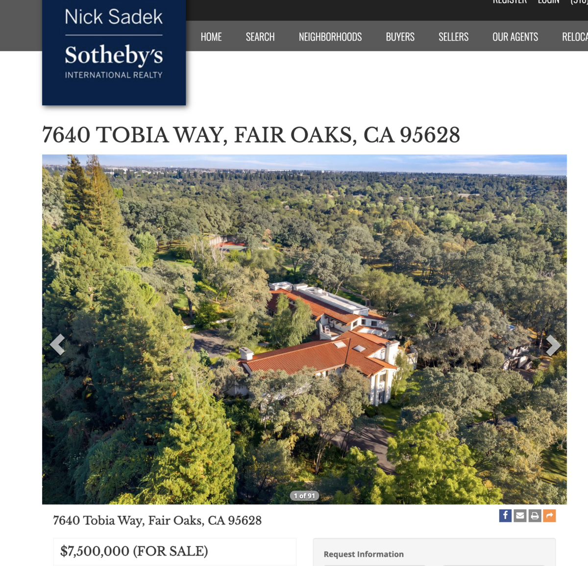 The Nick Sadek Sotheby’s International Real Estate listing page for Gov. Gavin Newsom’s Fair Oaks home.